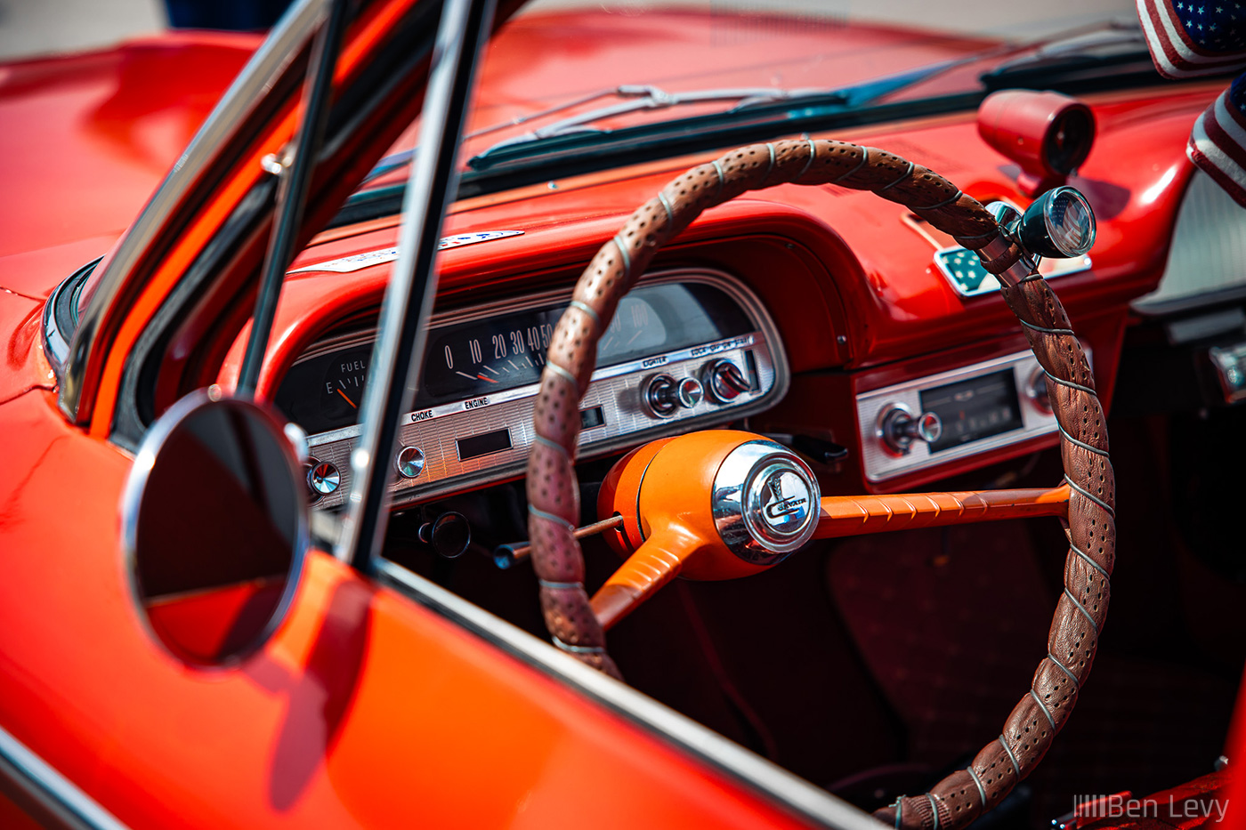 Steering Wheel of Red Chevrolet Corvair Lakewood