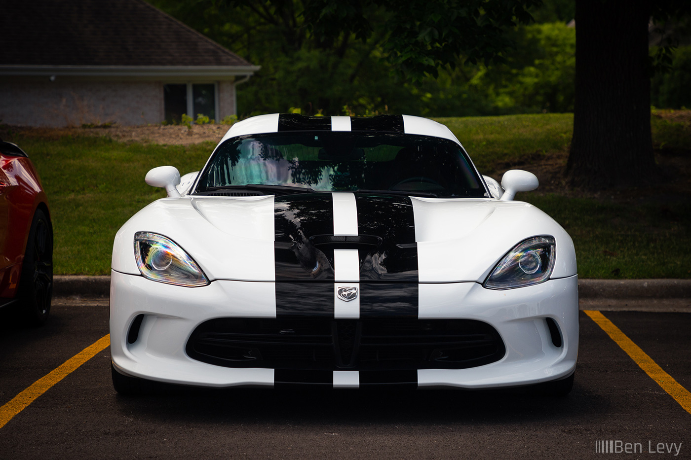 Front of White Dodge Viper GT Coupe with Black Stripes