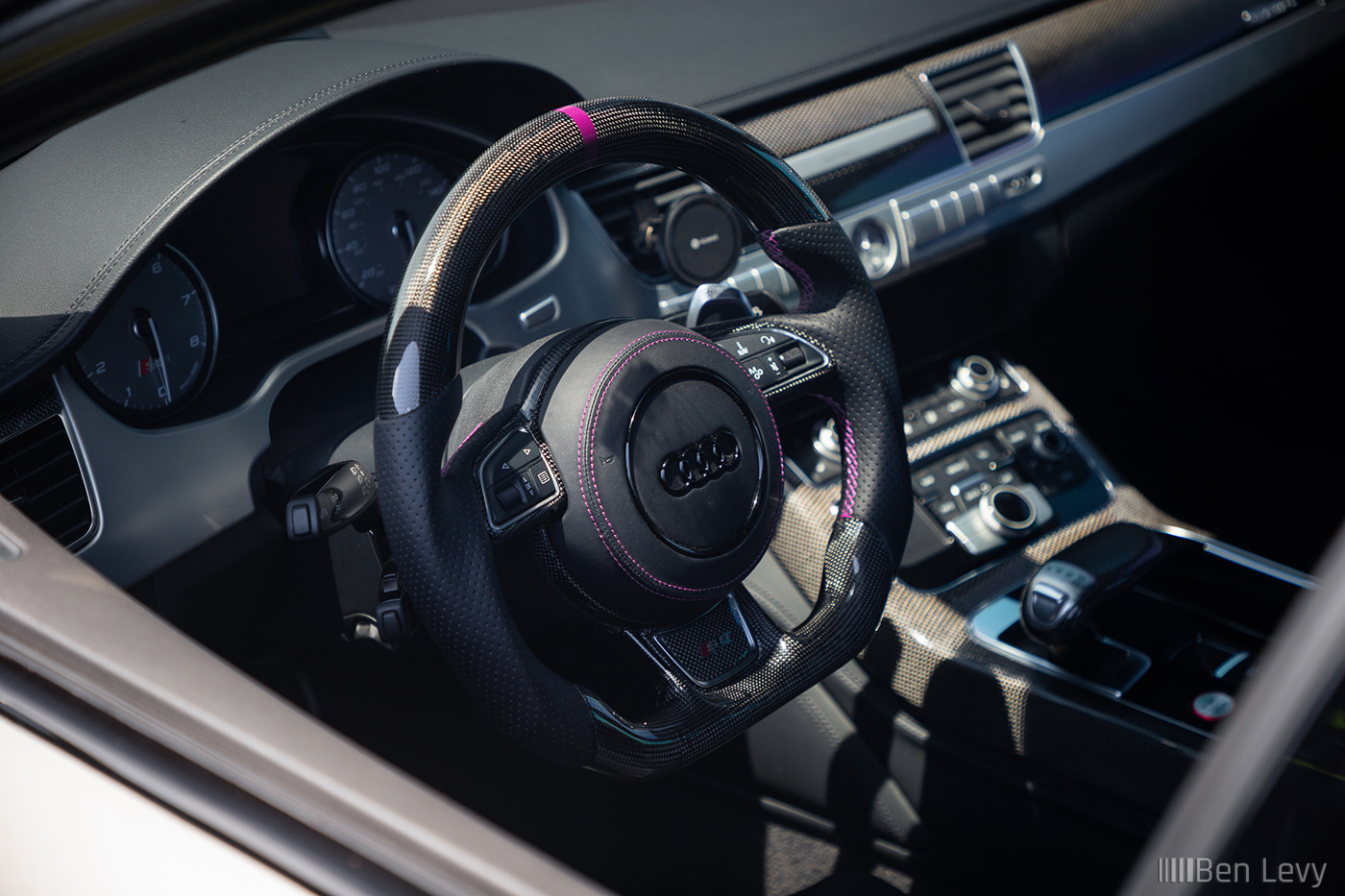 Purple Stitching on Carbon Fiber Steering Wheel in Audi S8