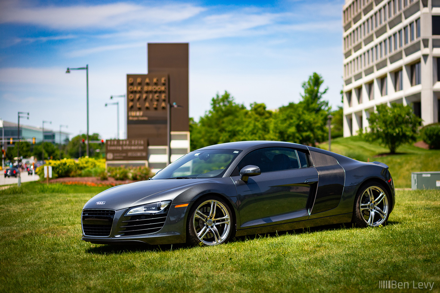 Grey Audi R8 on the grass at The Drake Hotel Oak Brook