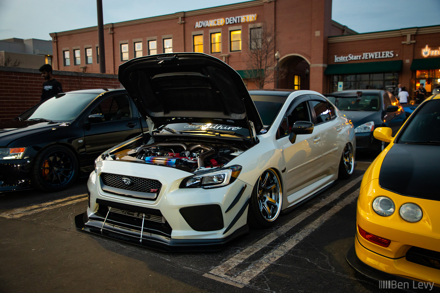 Bagged, White WRX STI at Schaumburg Car Meet