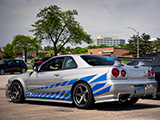 Silver R34 Skyline with Blue Graphics