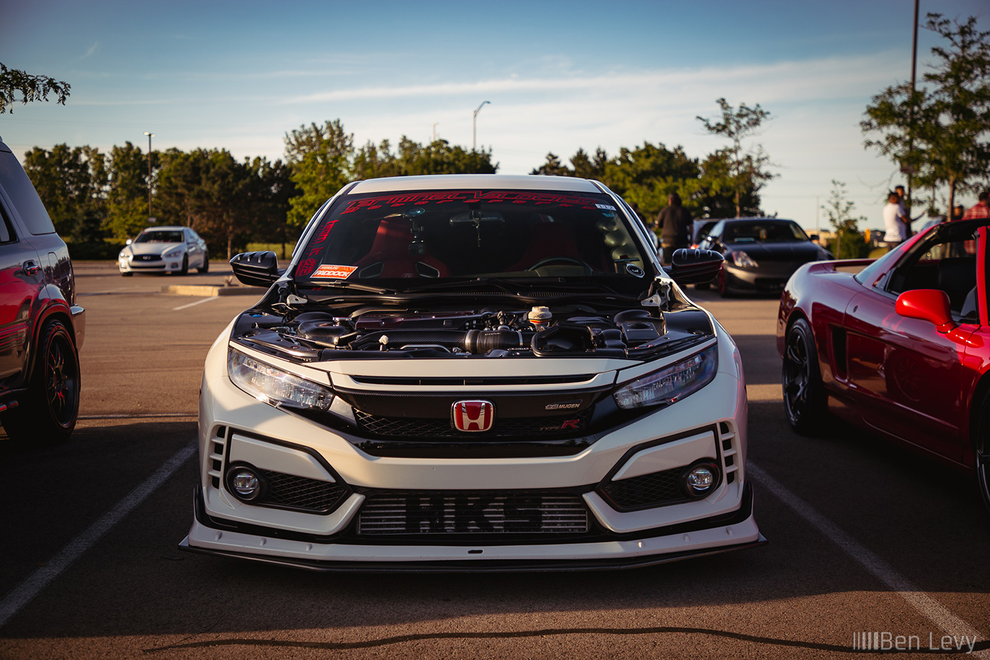 Front of White Civic Type-R with Hood Off