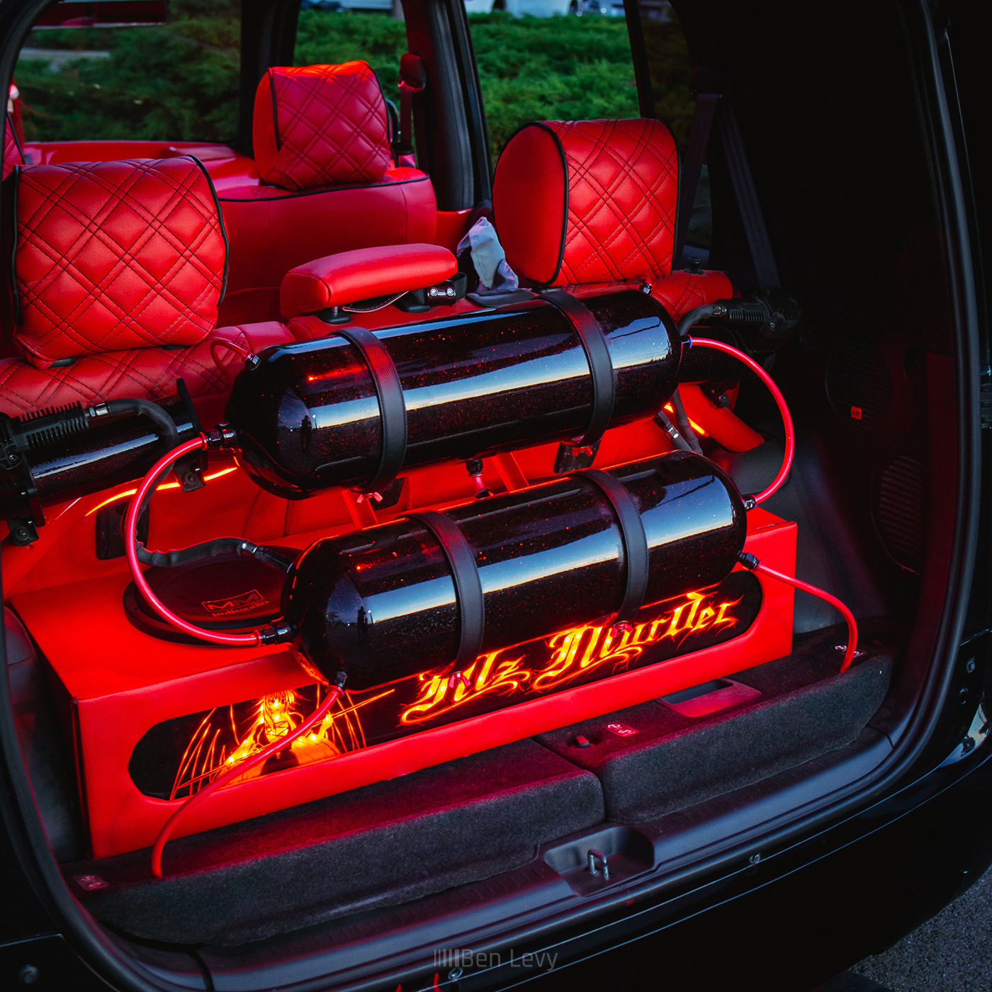 Air Tanks Mounted Over Subwoofer in Scion xB