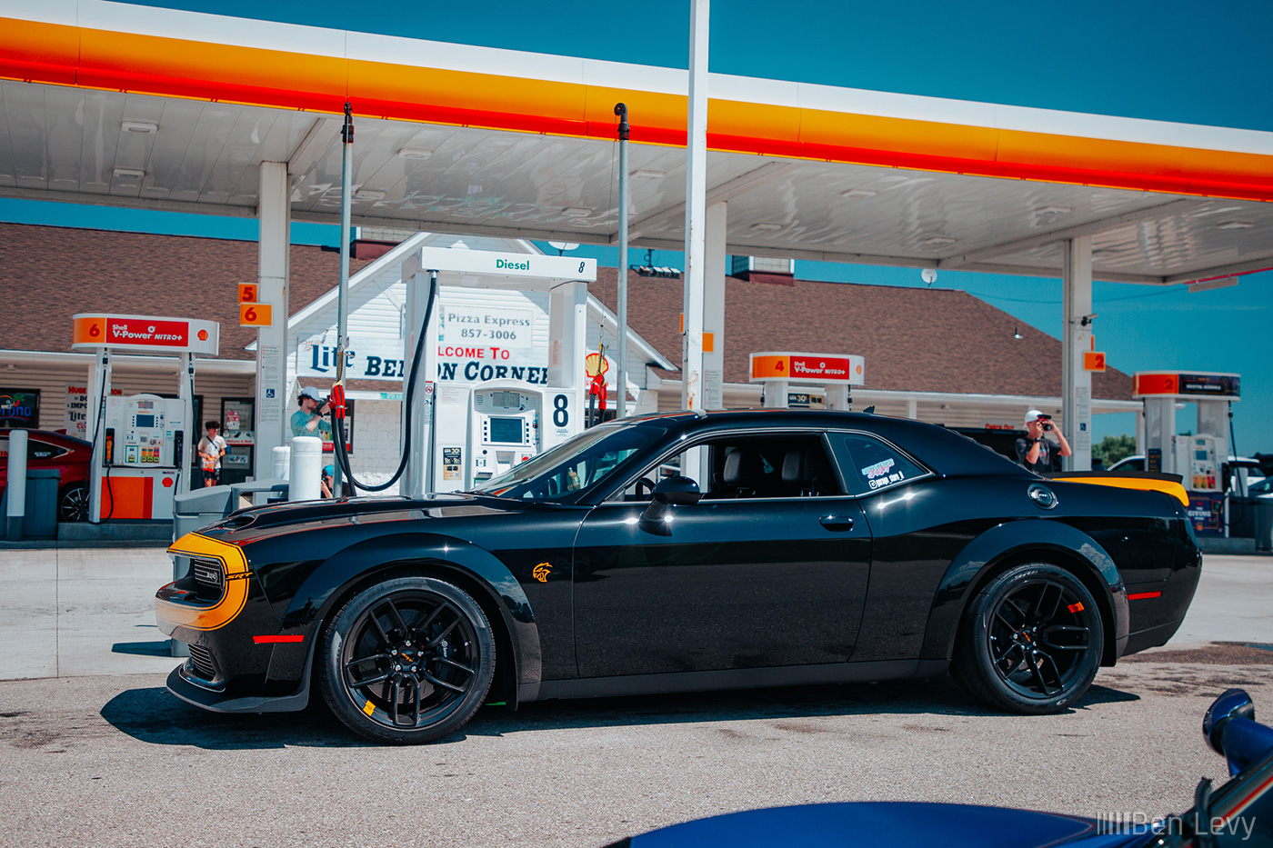 Side of Black Dodge Challenger SRT Hellcat at Gas Station in WI