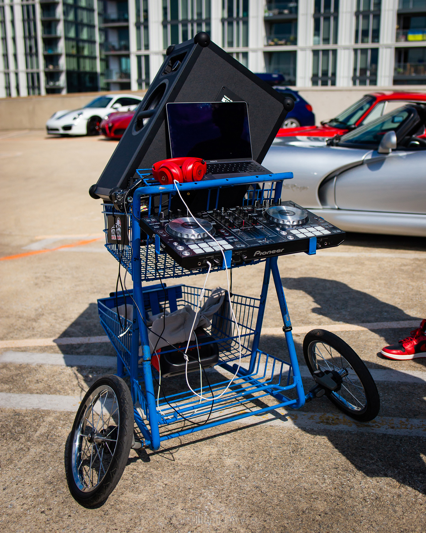 Mobile DJ setup in shopping cart