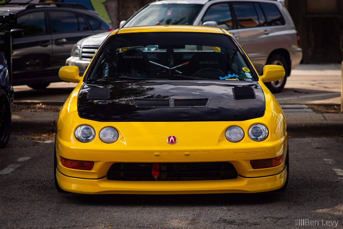 Yellow Acura Integra with Vented Hood