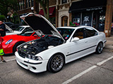 White E39 BMW M5 at Cars & Coffee Oak Park