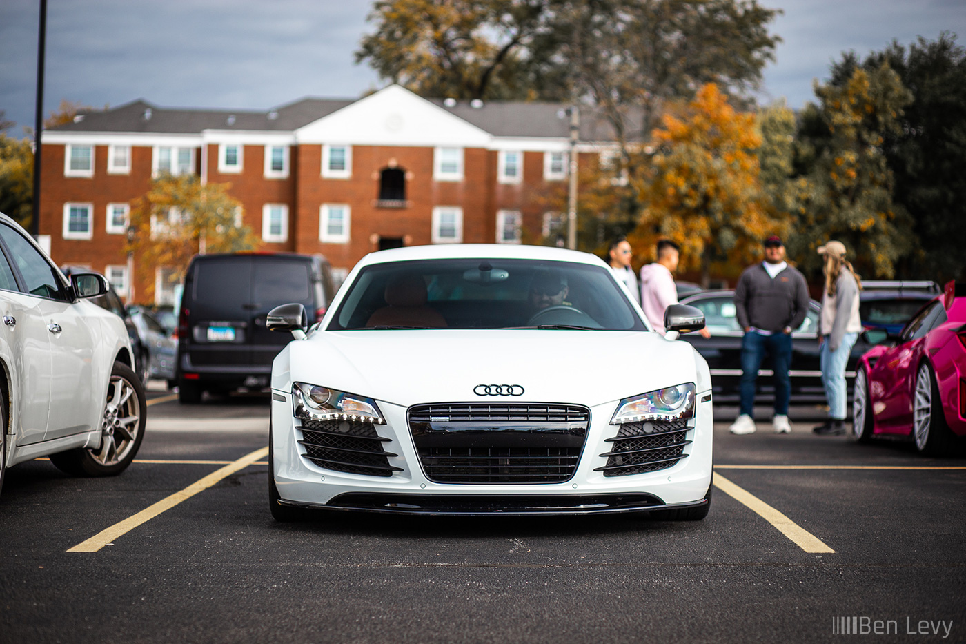 Front of White Audi R8 at Cars & Coffee Oak Park