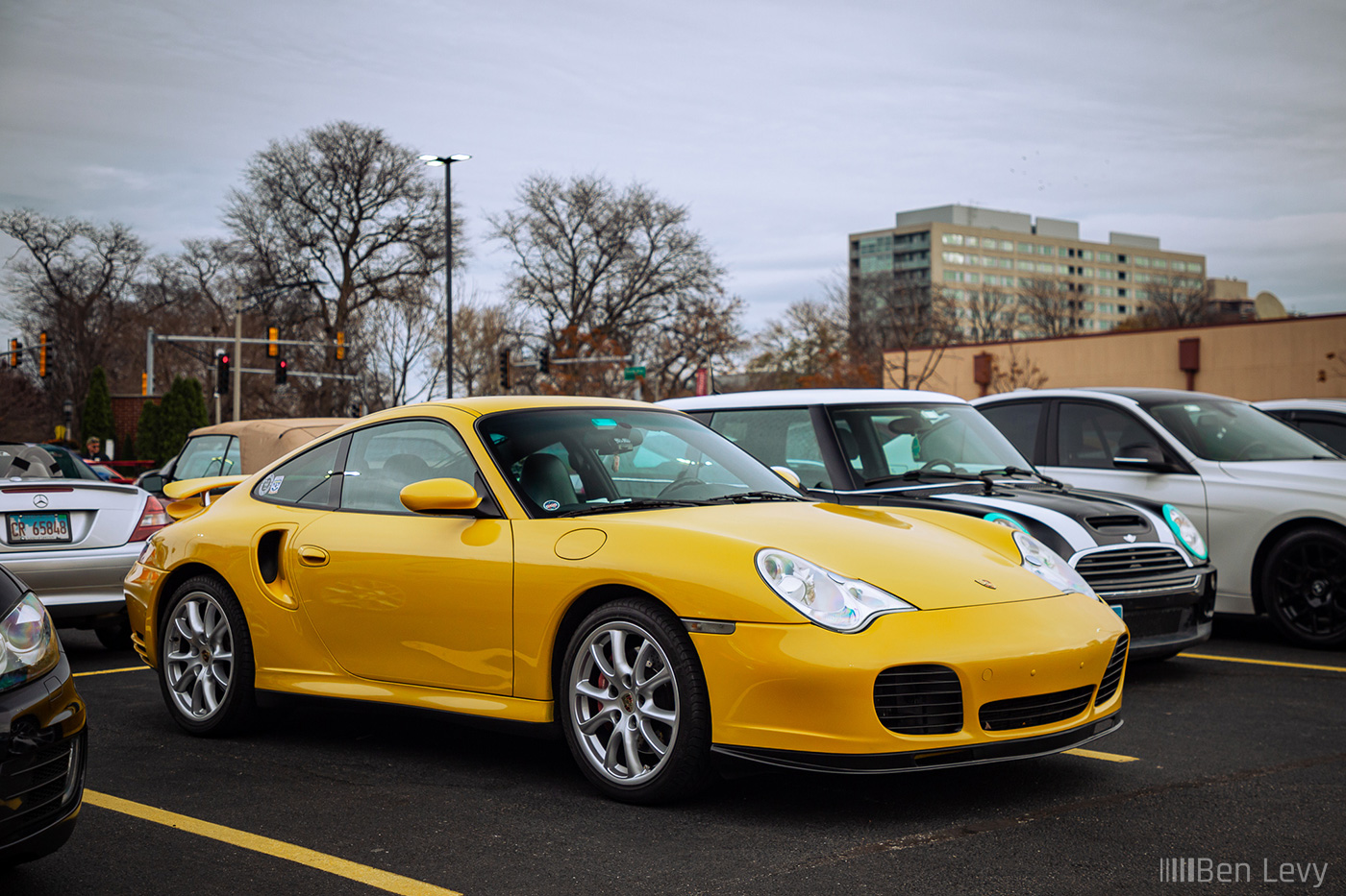 Yellow Porsche 911 Turbo in River Forest Parking Lot