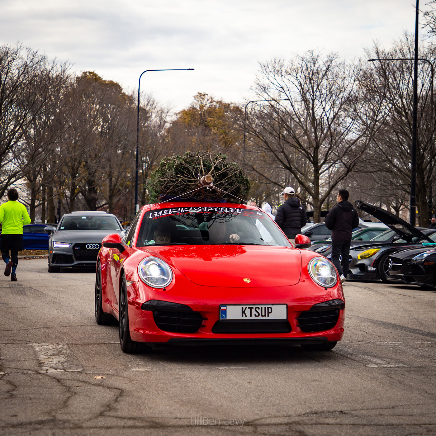 Red Porsche 911 with Christmas Tree in Chicago