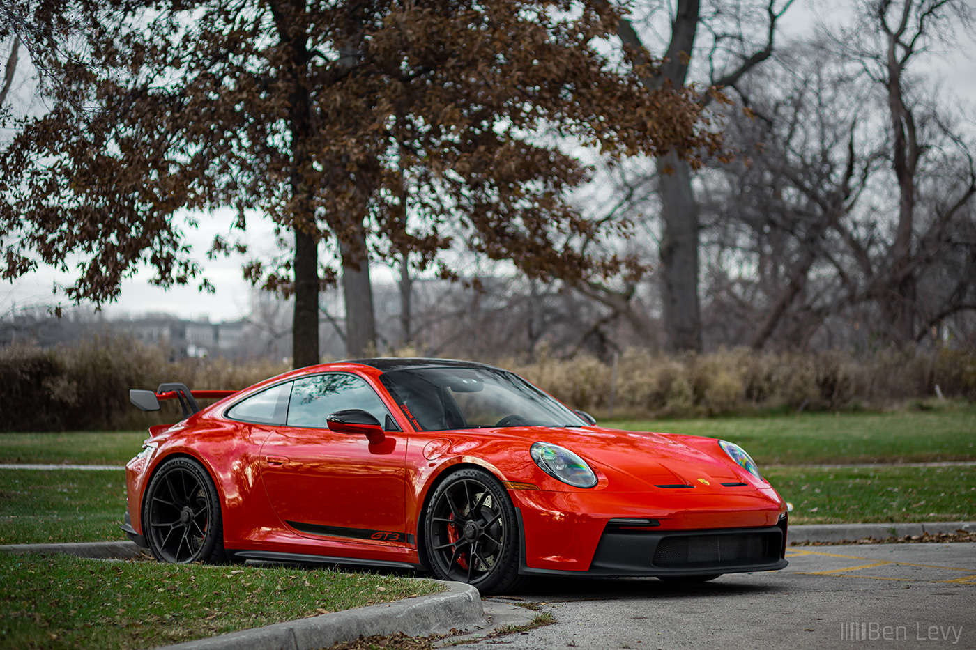 Red Porsche 911 GT3 at a lot in South Shore of Chicago