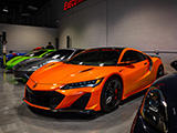 Orange Acura NSX Type-S in a Lake Forest Dealership