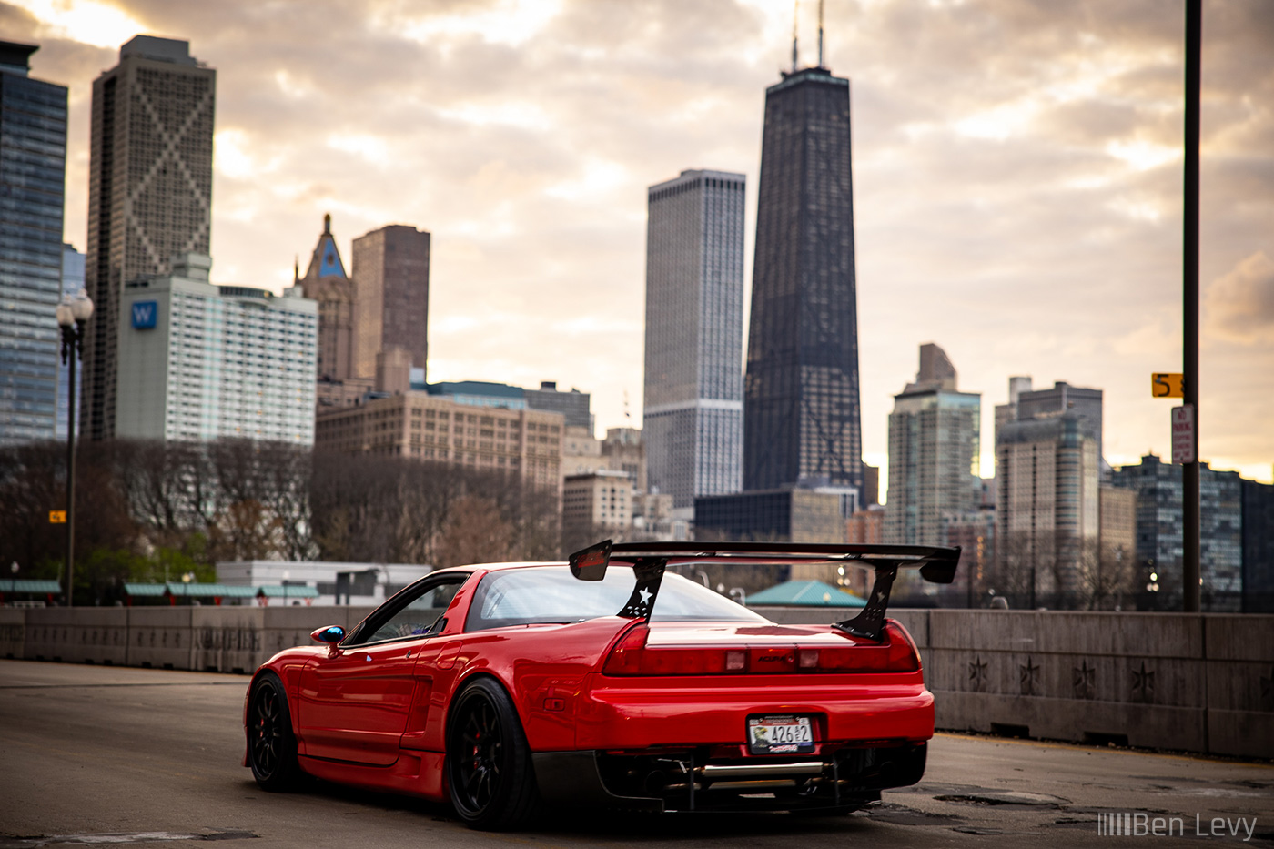 Red Acura NSX and the Chicago Skyline