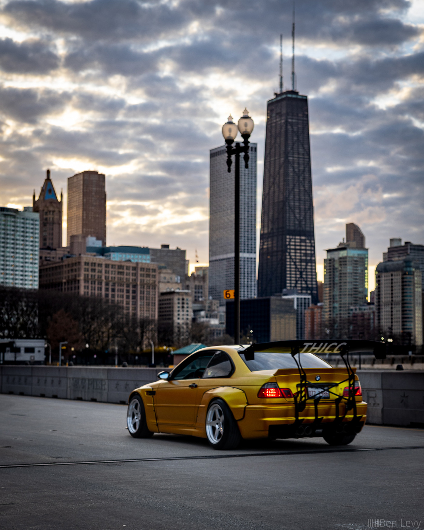 Yellow Wide-Body BMW M3 and the Chicago Skyline