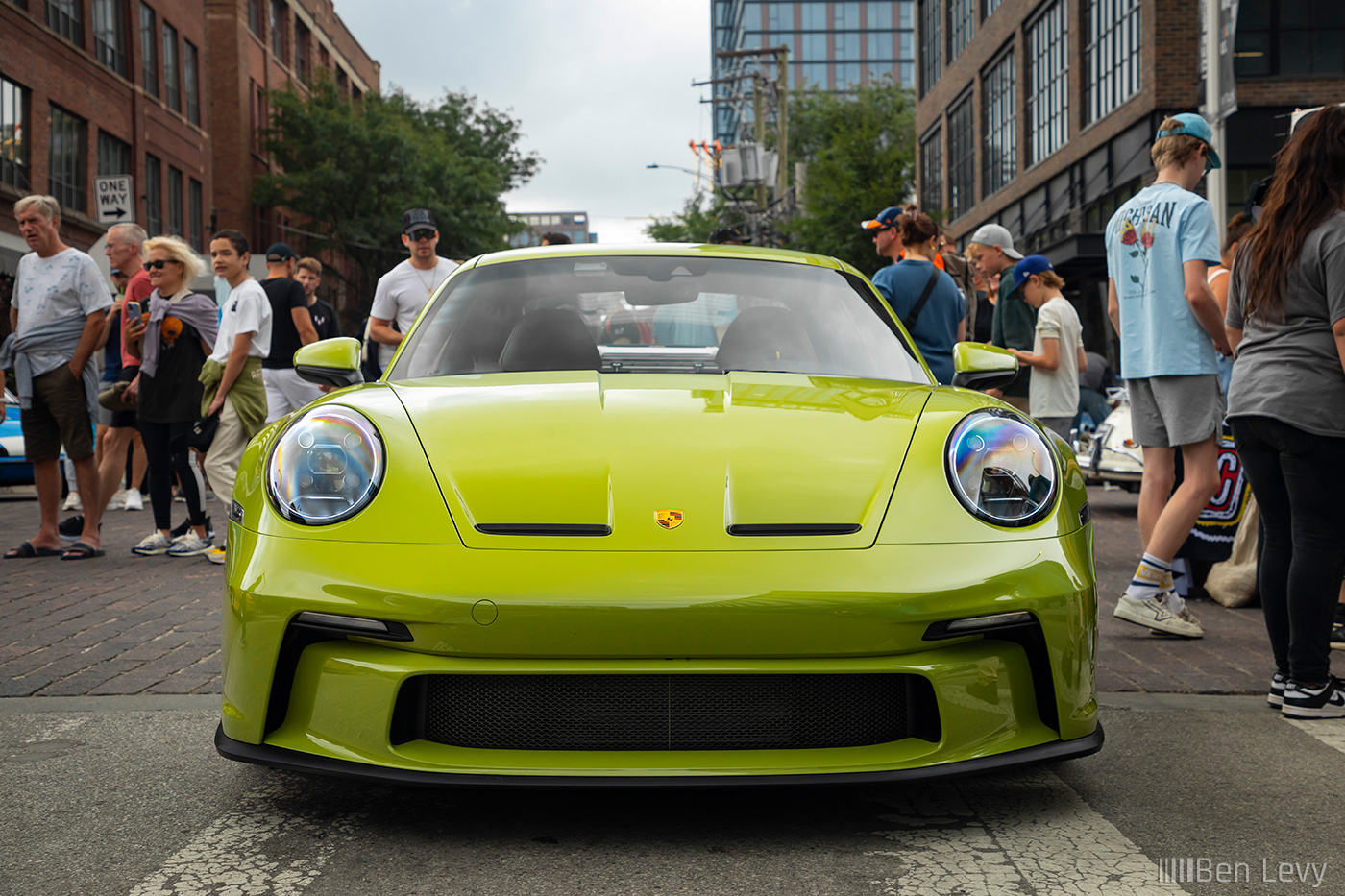 Fornt of Green Porsche GT3 at Checkeditout in Chicago