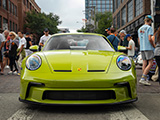 Fornt of Green Porsche GT3 at Checkeditout in Chicago