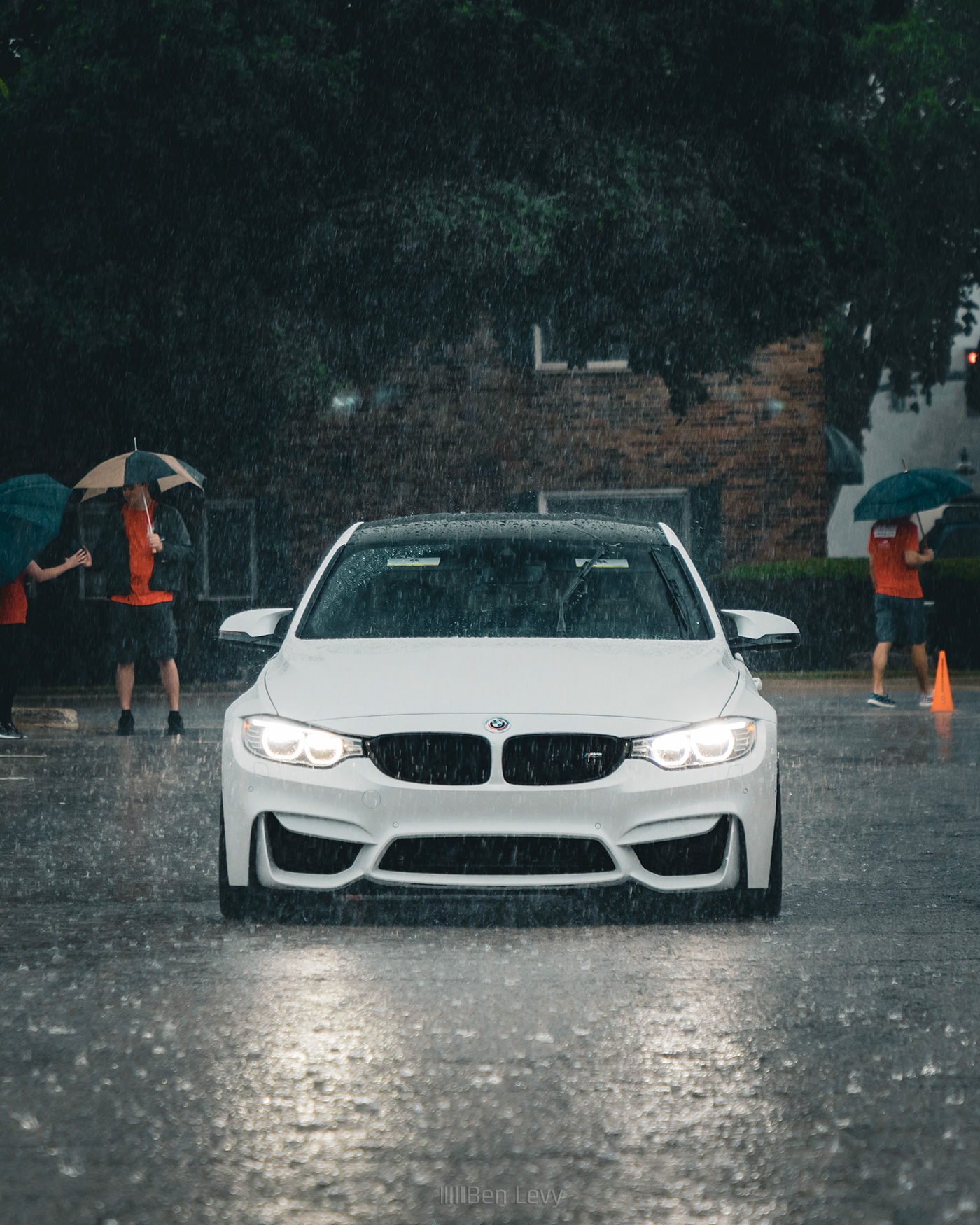 Mineral White Metallic F80 BMW M3 in Pouring Rain