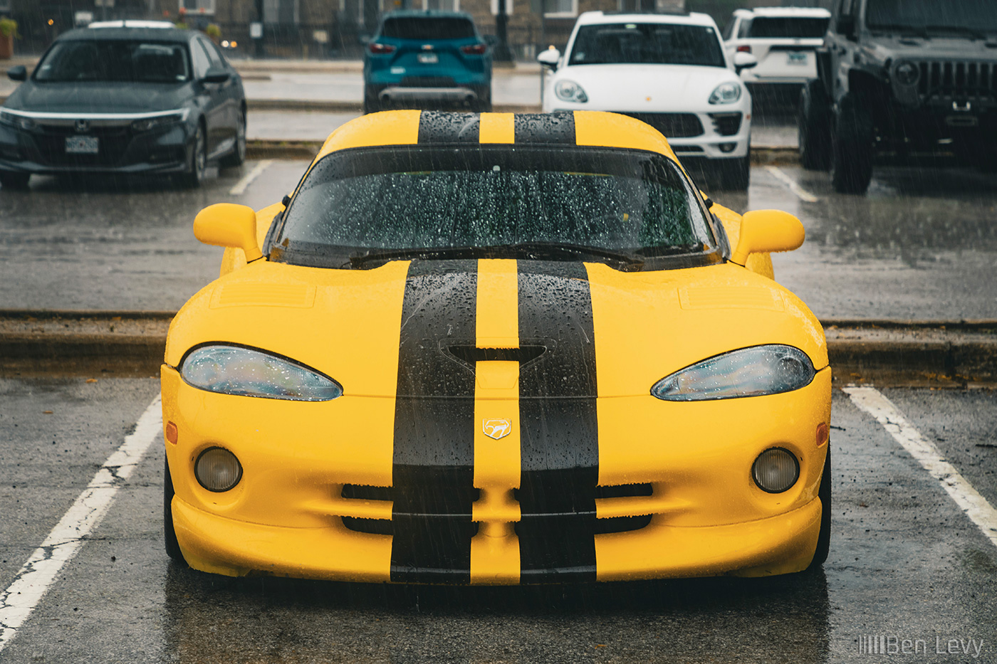 Front of Yellow Dodge Viper with Black Stripes