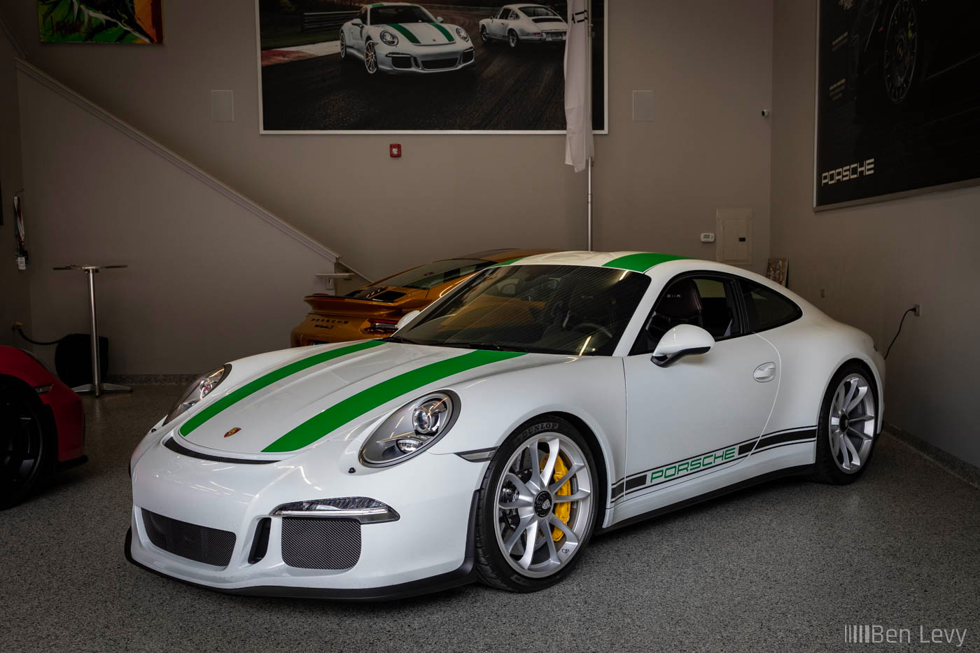 White Porsche 911R with Green Stripes