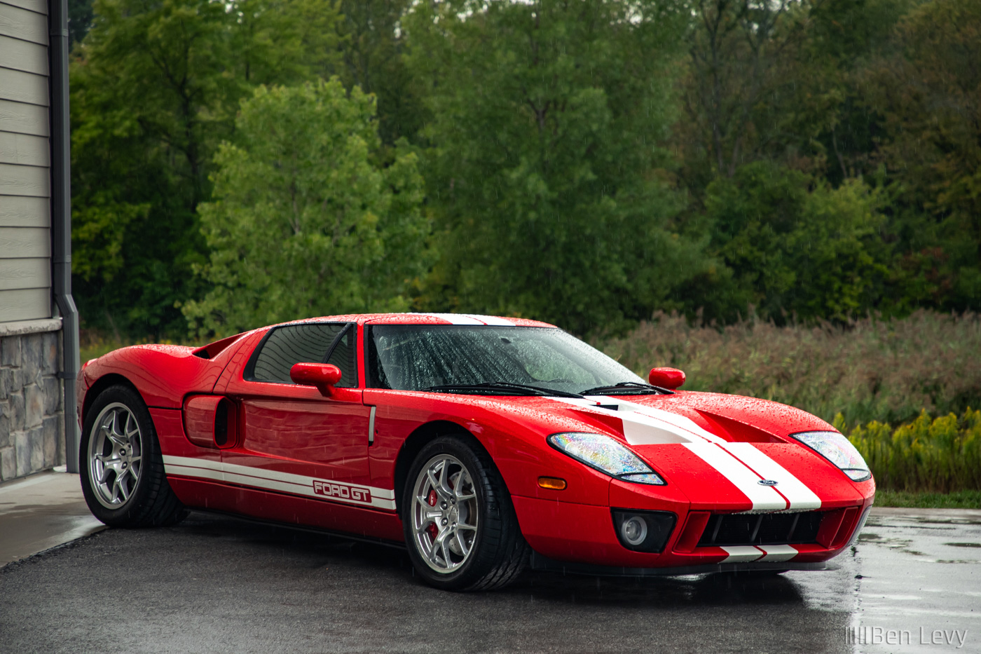 Red Ford GT on a Rainy Day