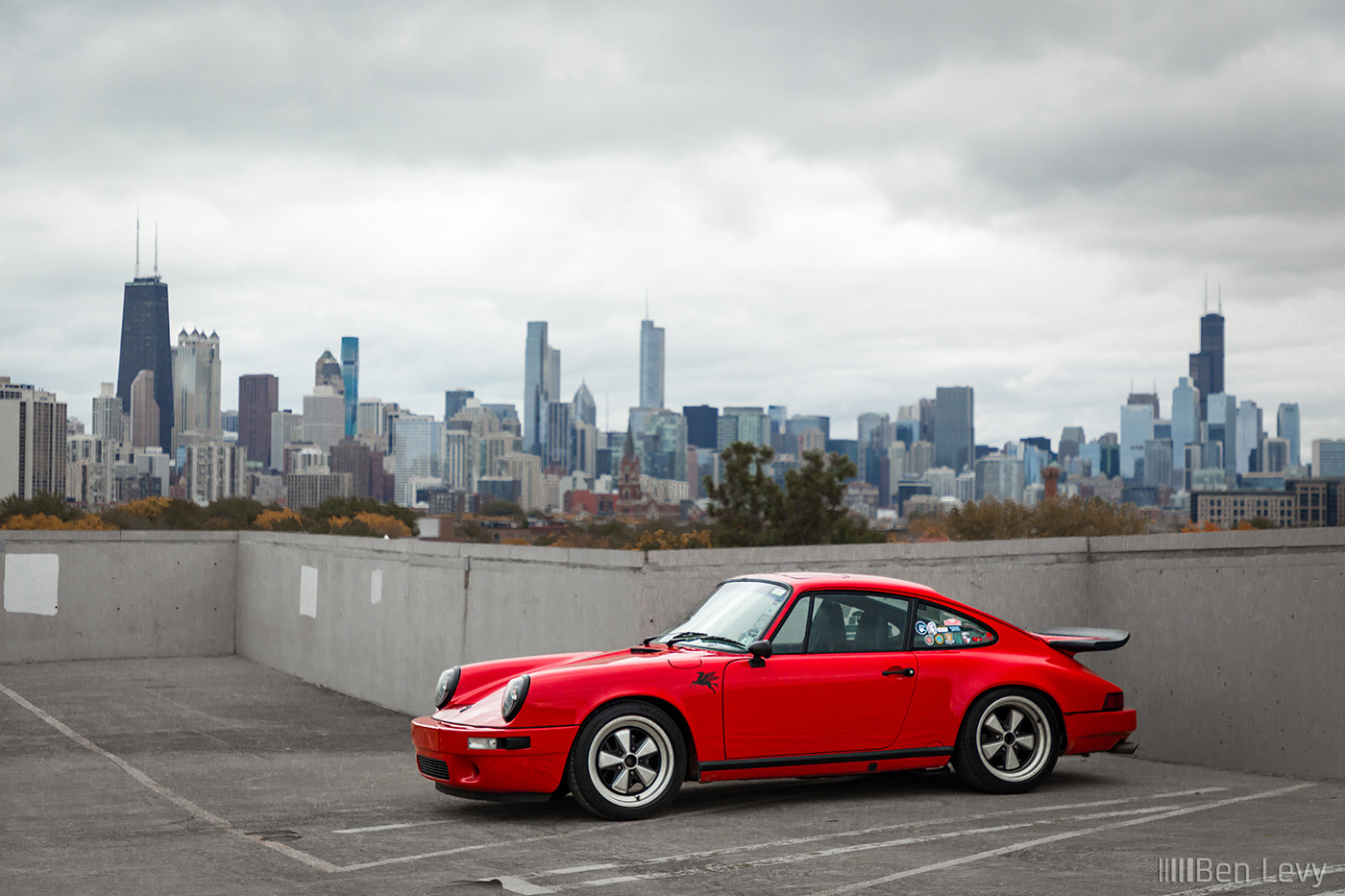 Red Porsche 911 and the Chicago Skyline
