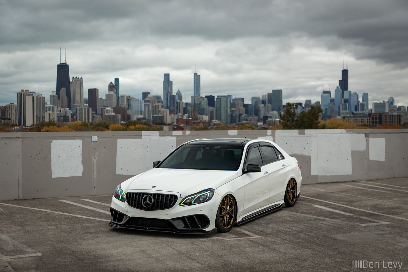 Bagged White Mercedes-Benz E550 and the Chicago Skyline