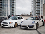 WRX STI and 911 Turbo Cabriolet at car meet in Chicago
