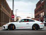 White Porsche 991 GT3 Touring Rolling on a street in Chicago