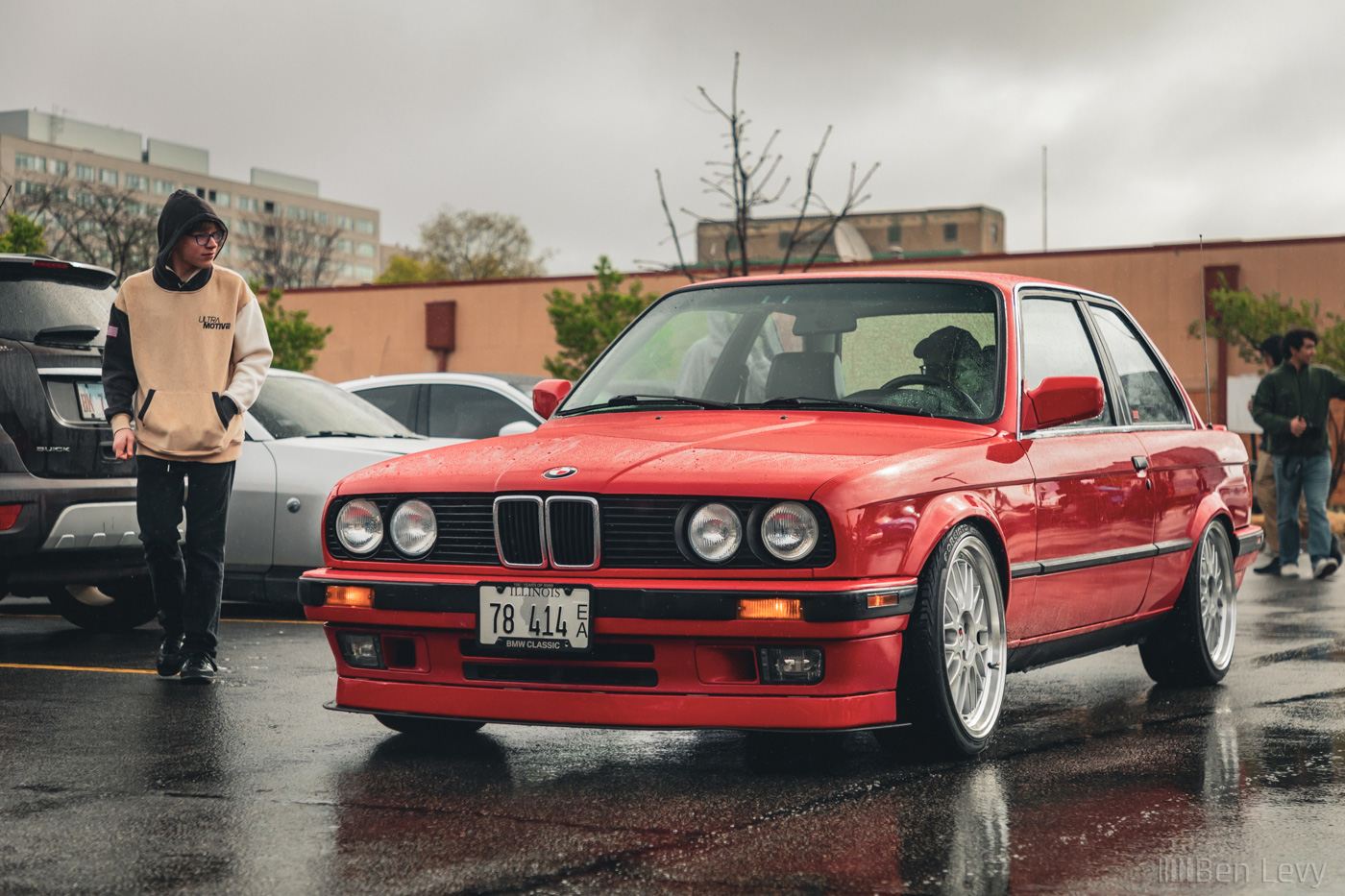 Red BMW E30 Coupe at Rainy Car Meet in Illinois