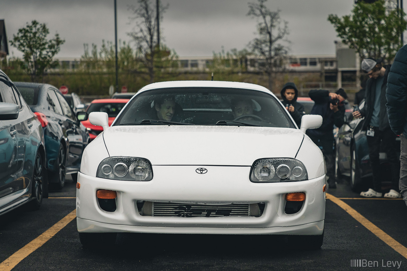 Front of White Toyota Supra at Cars & Coffee Oak Park