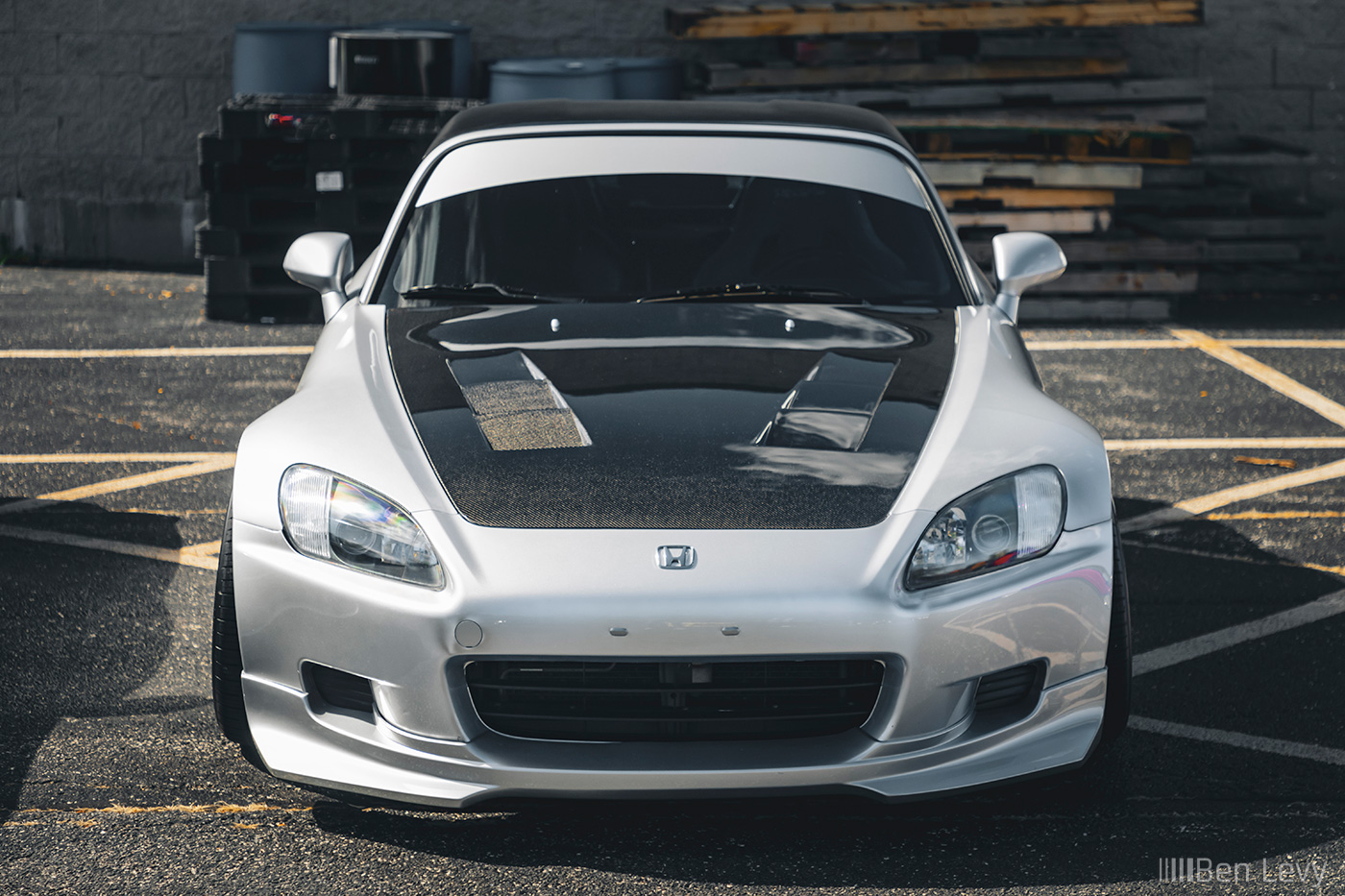 Front of Silver Honda S2000 with Carbon Fiber Hood