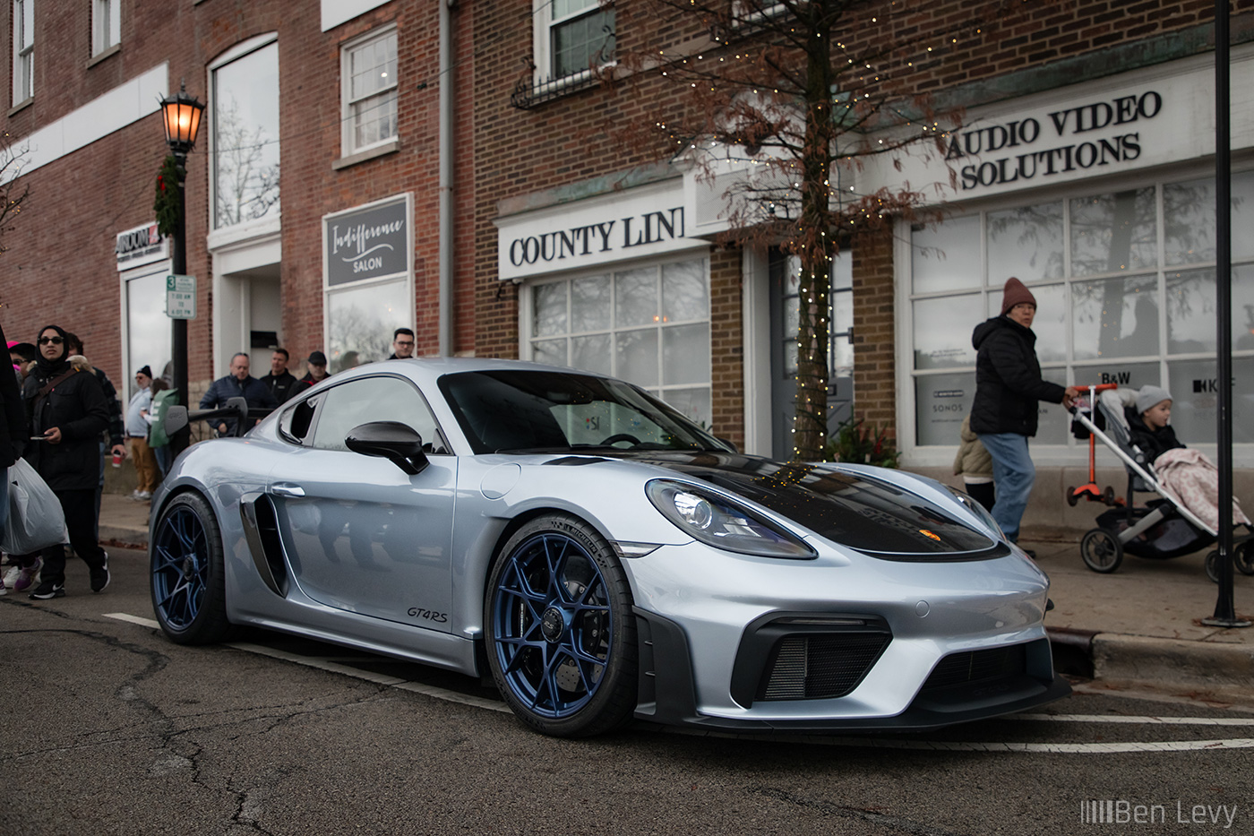 Silver Porsche 718 Cayman GT4 RS at Toy Drive in Hinsdale