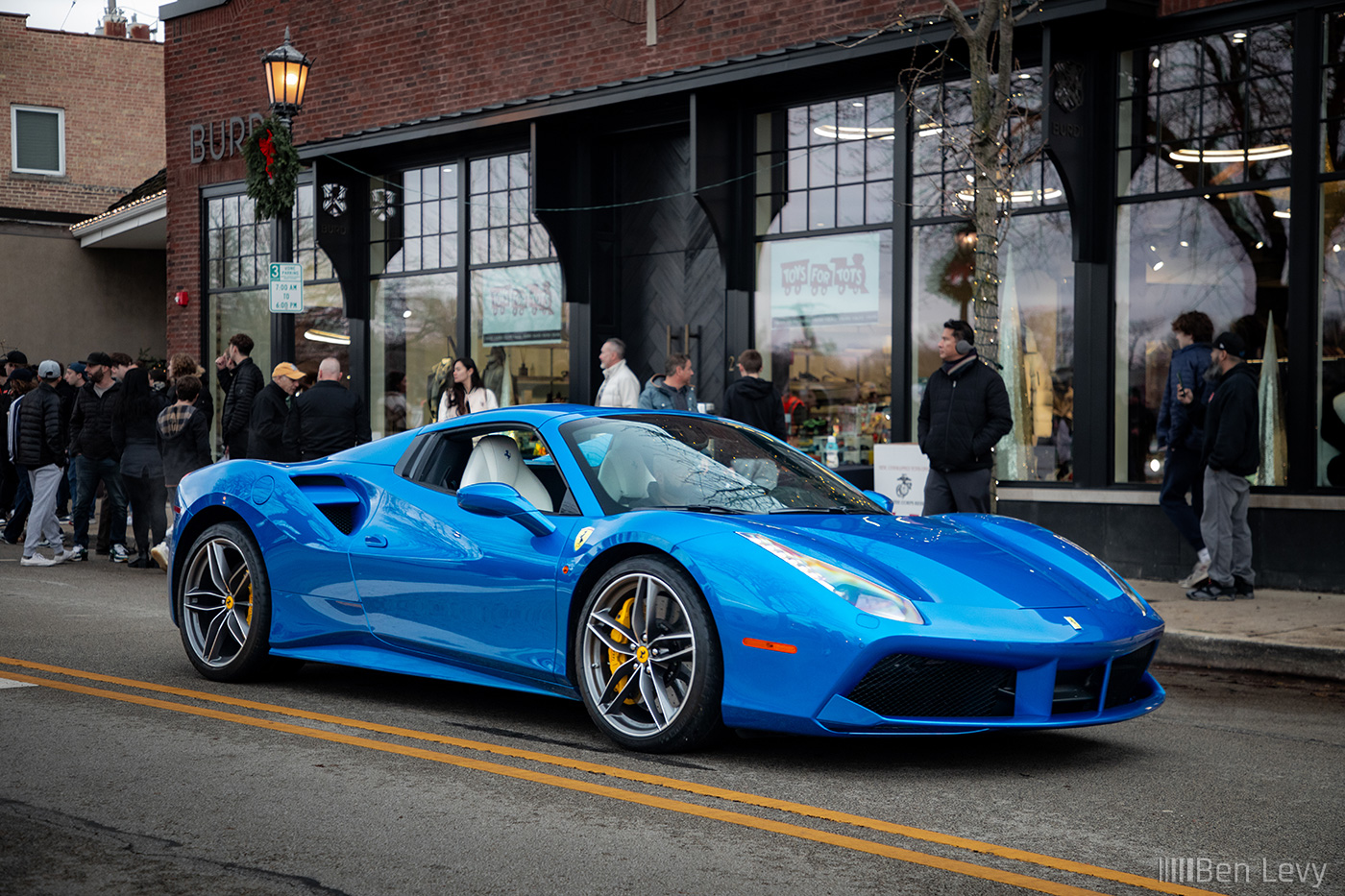 Blue Ferrari 488 at Toy Drive in Hinsdale