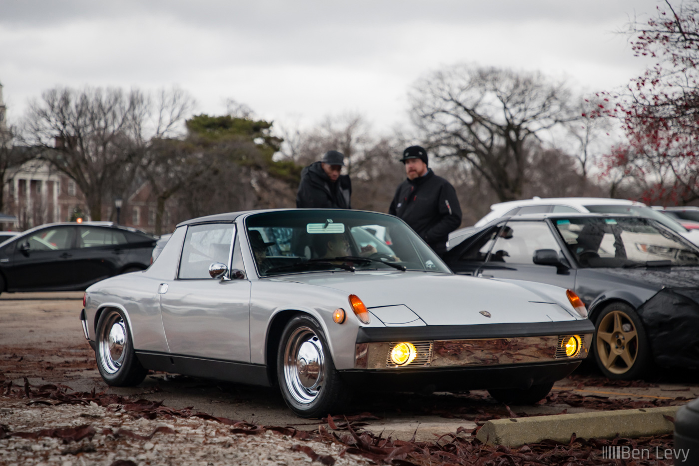 Silver Porsche 914 out on a cloudy day