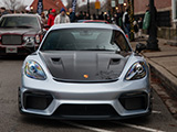 Front of Silver Porsche 718 Cayman GT4 RS
