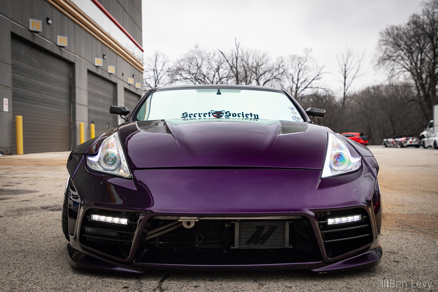 Front of Purple Nissan 370Z on Bags