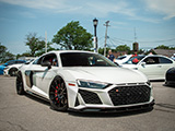 White Audi R8 V10 Performance leaving a Parking Lot in Hinsdale