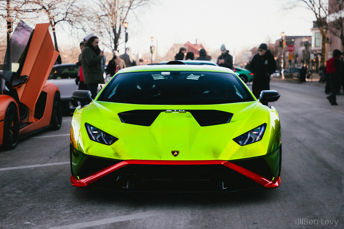 Front of Green Lamborghini Huracan STO at a December Car Meet