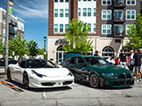 White Ferrari 458 and Green BMW M3 at Cold Brewed Cars & Coffee