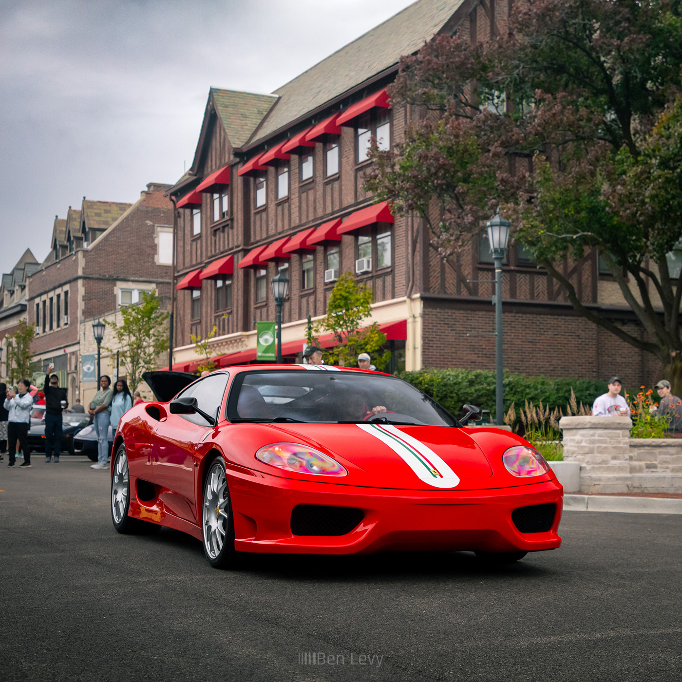 Red Ferrari 360 Challenge Stradale leaving  Fuelfed Coffee & Classics in Winnetka