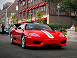 Red Ferrari 360 Challenge Stradale leaving  Fuelfed Coffee & Classics in Winnetka