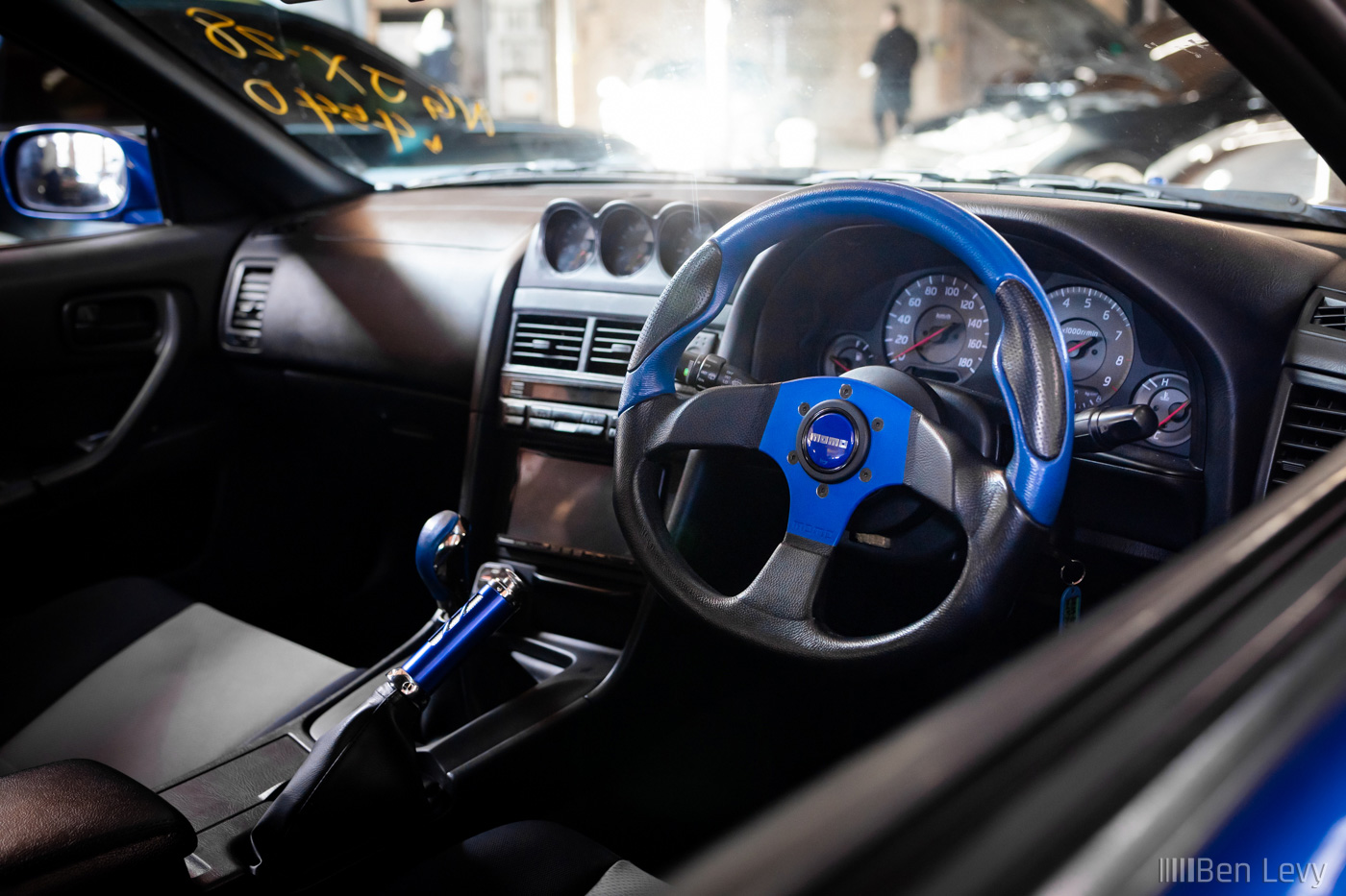 Blue Momo Steering Wheel in R34 Skyline