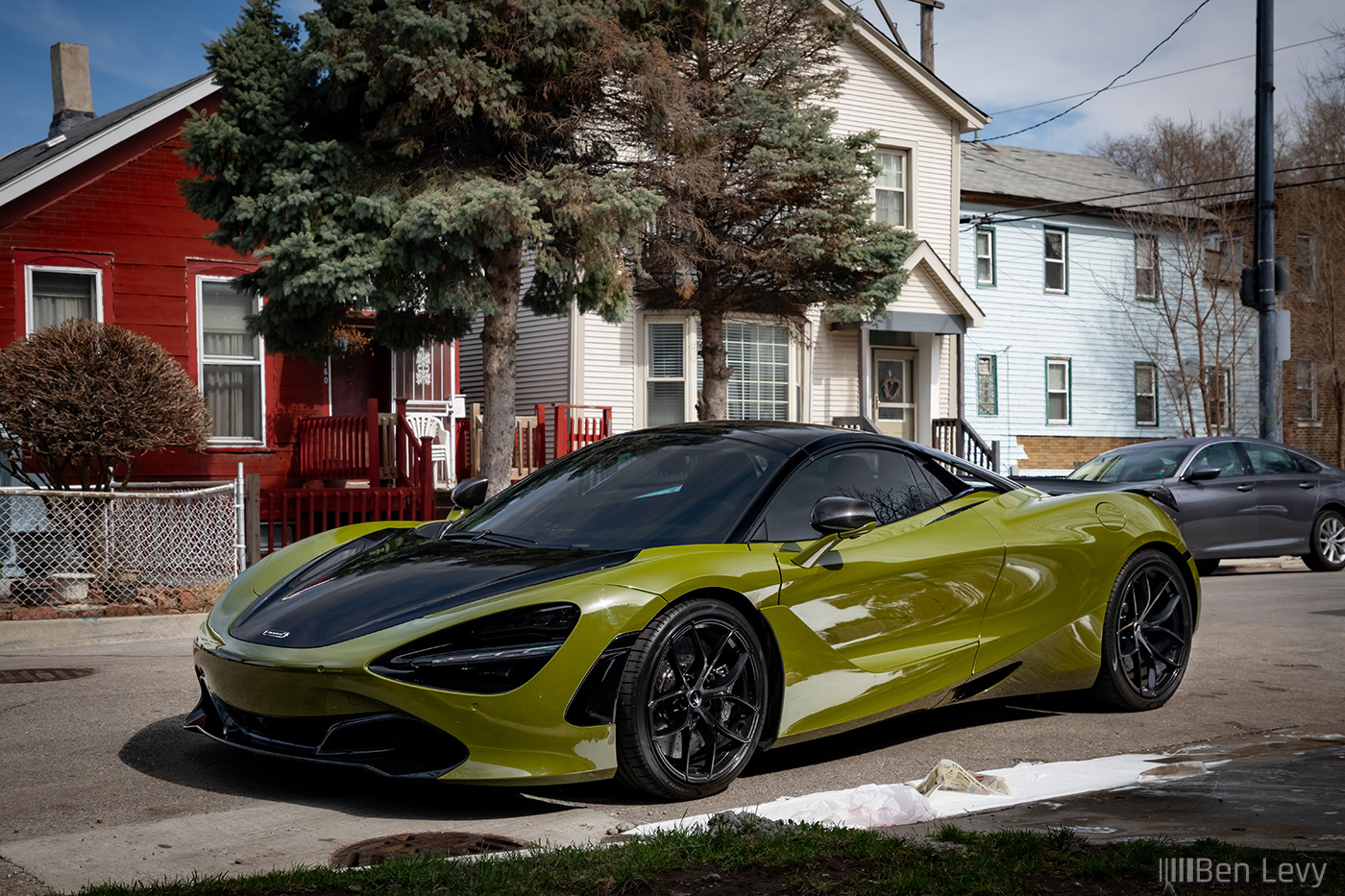 Green McLaren 720S parked on a street in the Pilsen neighborhood of Chicago