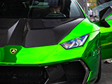 Lamborghini Huracan with Carbon Fiber Hood and Reflective Green Wrap