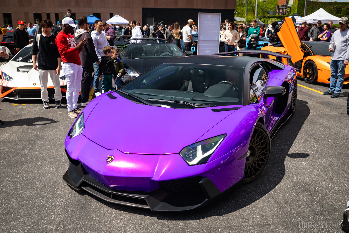 Purple Lamborghini Aventador at a car show in Chicago's West Loop