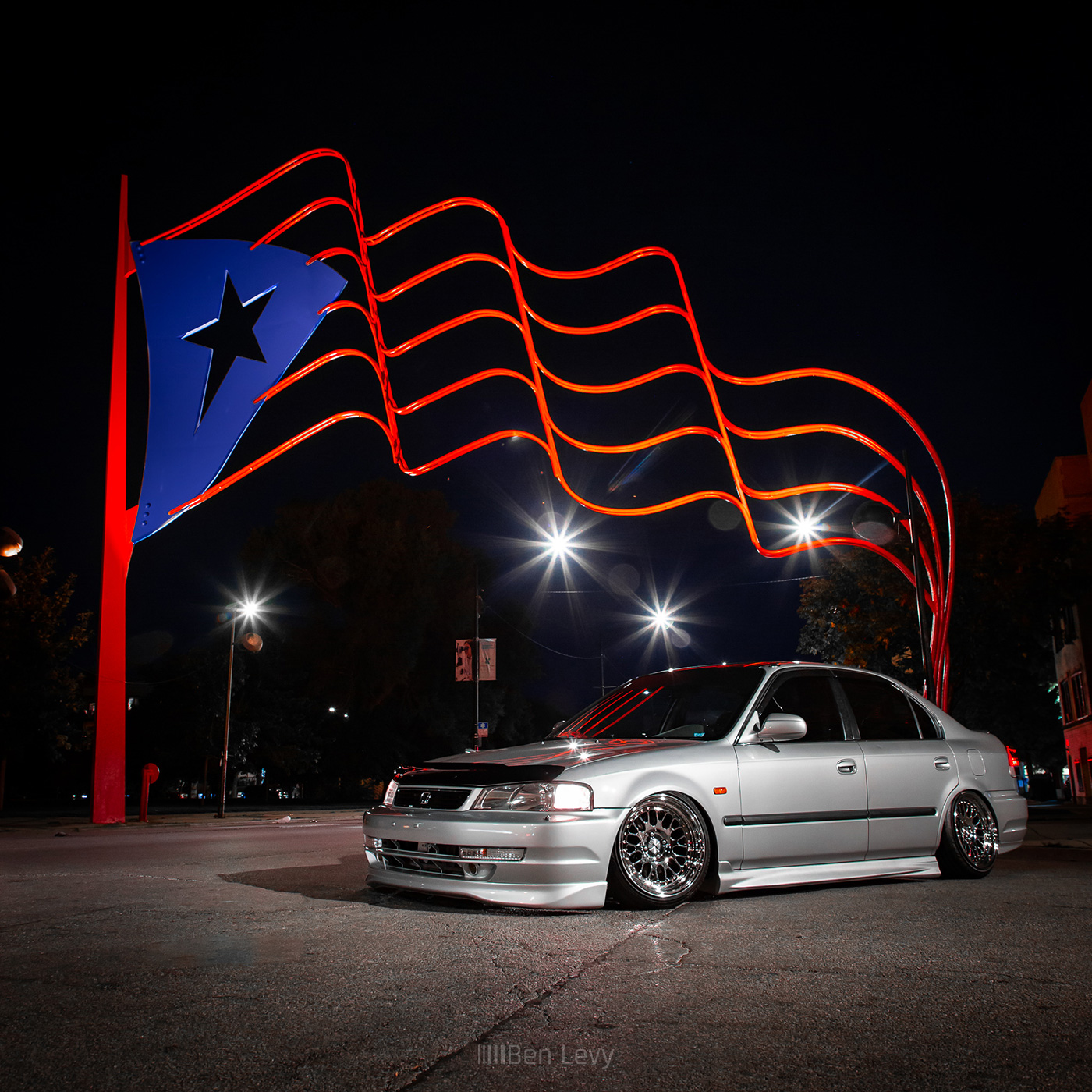 Silver Honda Civic at Puerto Rican Flag Chicago Landmark
