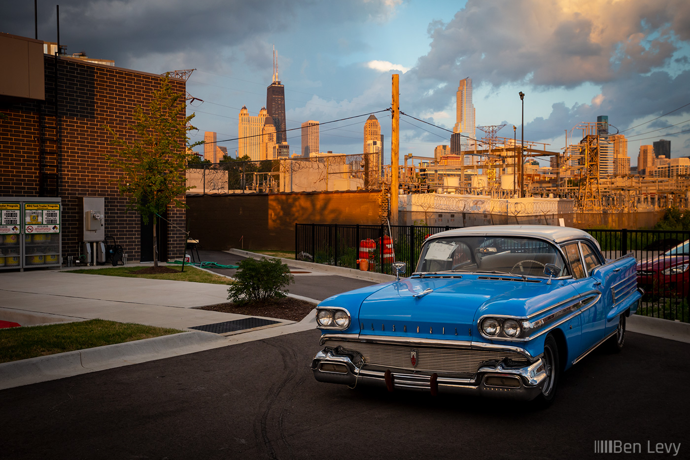 Blue Oldsmobile Super 88 and the Chicago Skyline