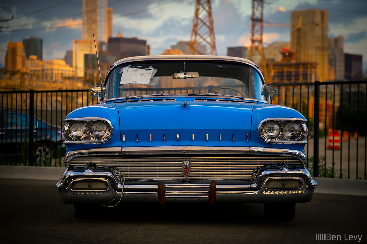 Front of Blue 1958 Oldsmobile Super 88 in the City