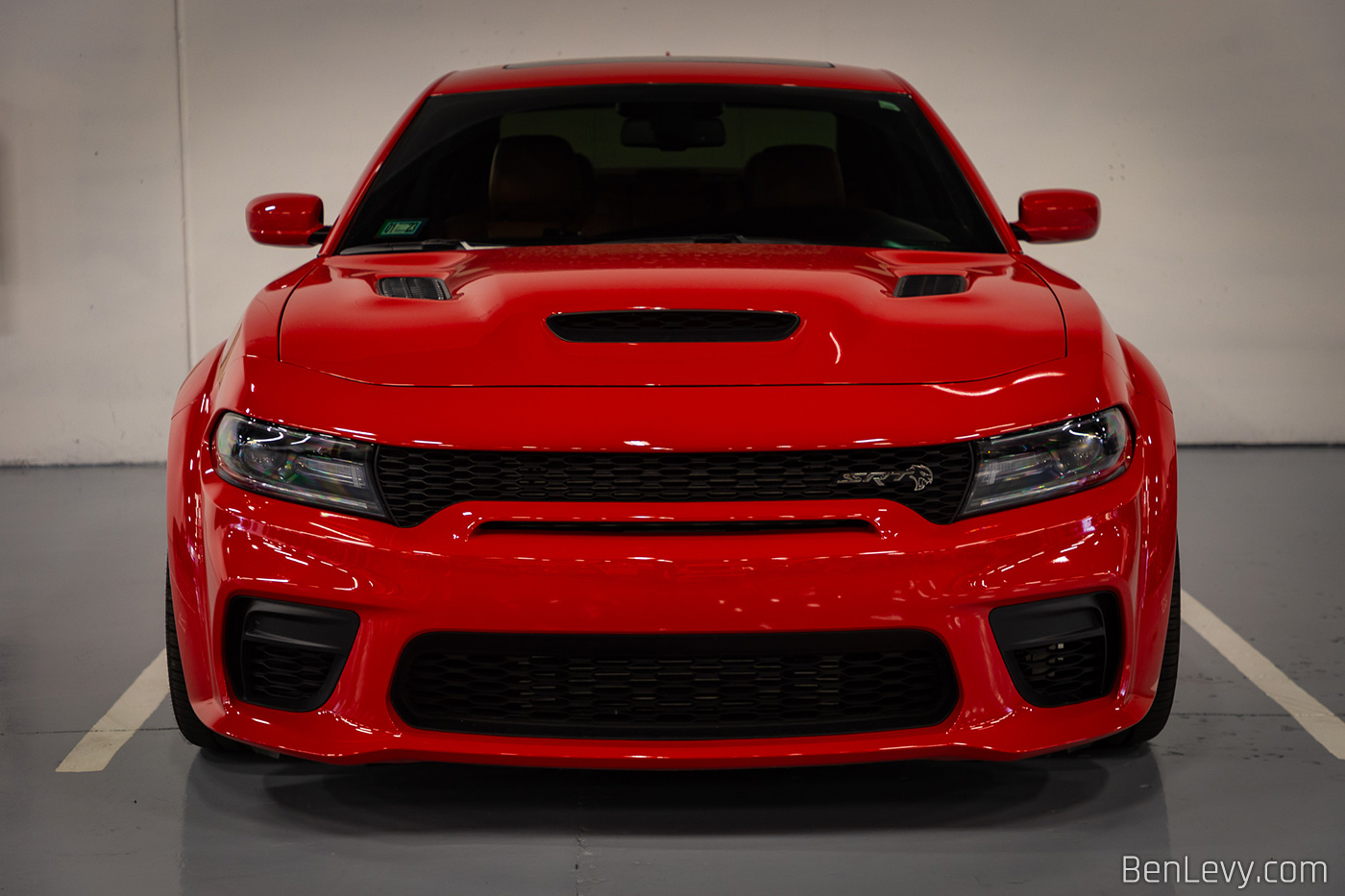 Front of Red Dodge Charger SRT Hellcat